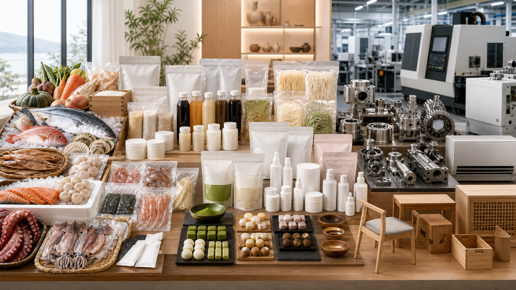 水産加工品、農産加工品、調味料、麺類、抹茶、化粧品、家具、機械部品、中古機械など日本の輸出商材